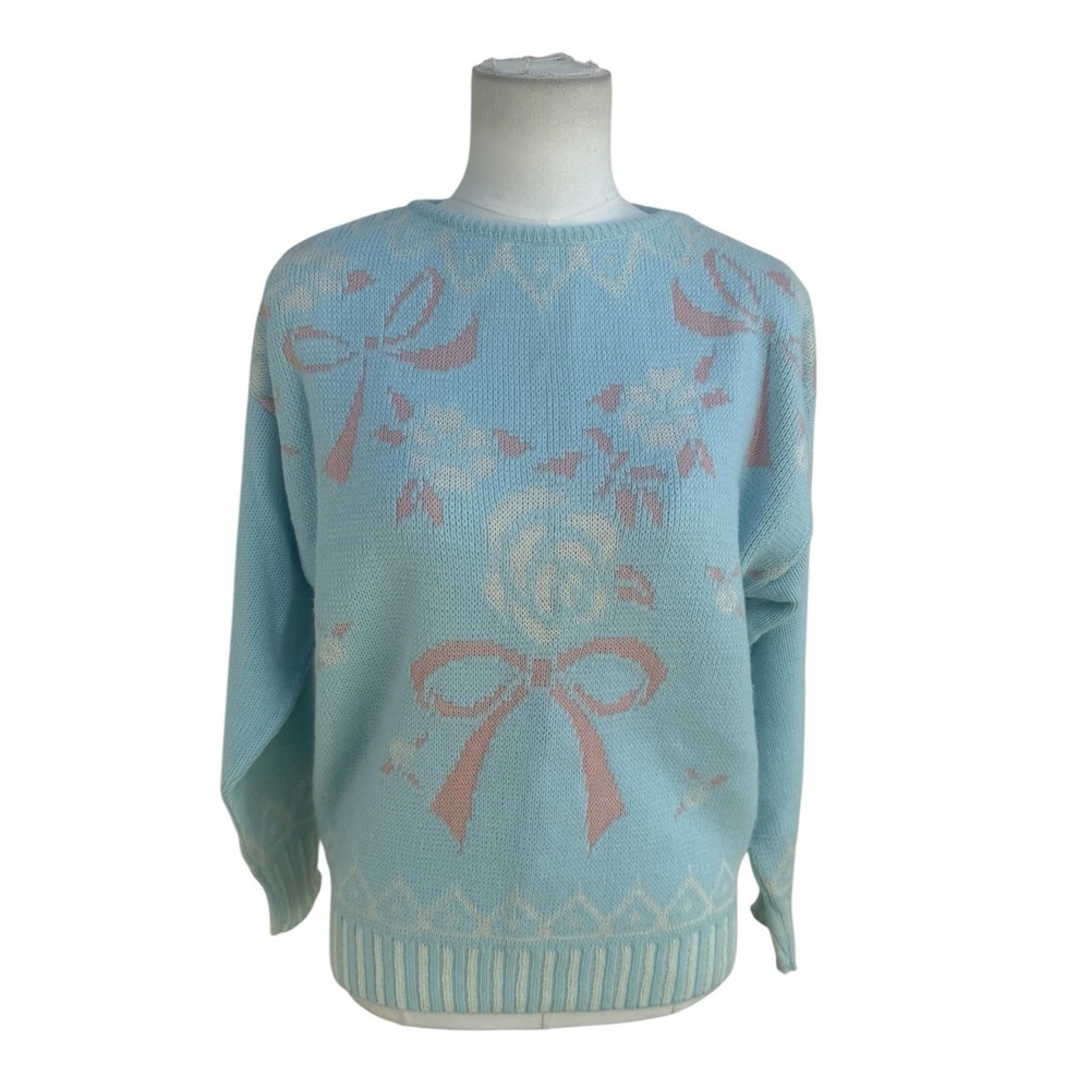 Vintage Alicia Petite Sweater M Blue Pink Bow Rose Floral Knit Made USA 80s 90s